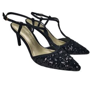 ADRIANNA PAPELL Boutique Hannah Black Sequin Satin T-Strap Buckle Heels Size 9